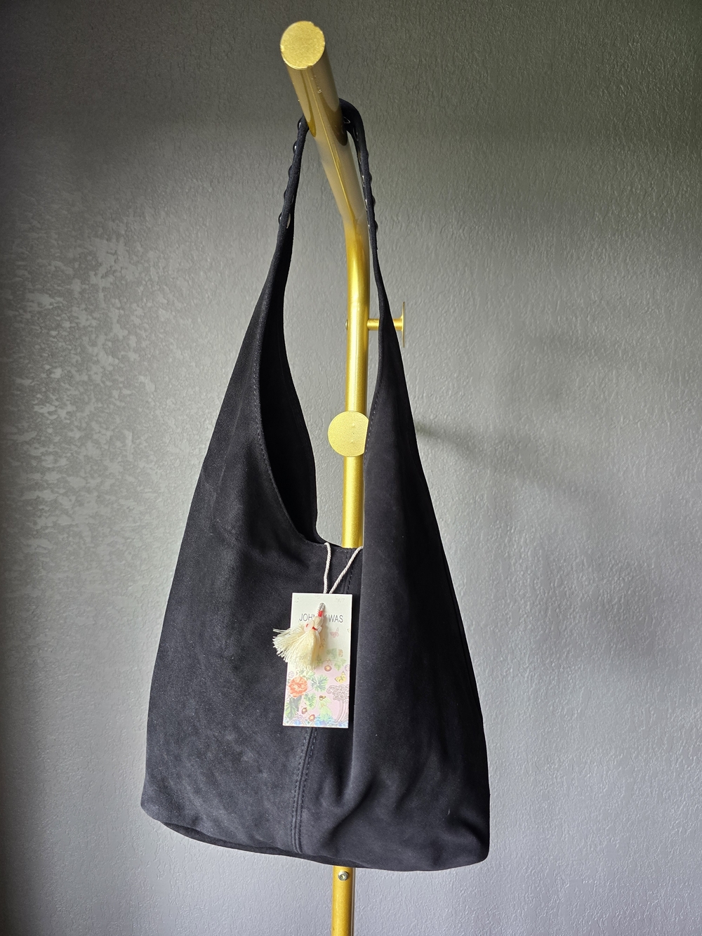 Johnny Was NWT Black Italian Suede Leather Slouch Hobo Bag Purse